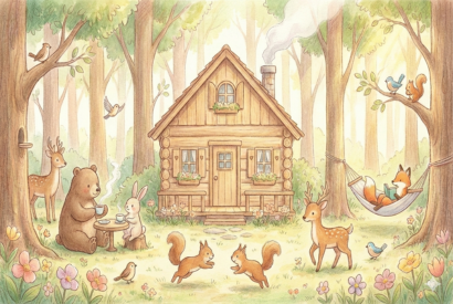 どんな存在も好きで過ごしていいというコンセプトのもと森の中で動物たちが思い思いに過ごしているイラスト